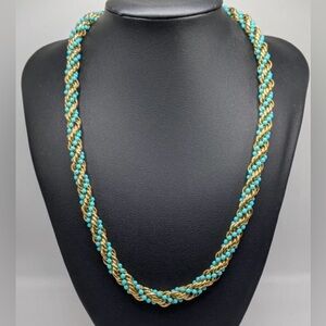 Vintage Avon 1972 Gold Plated Rope Twist Necklace w/ Turquoise Beads 20” Signed